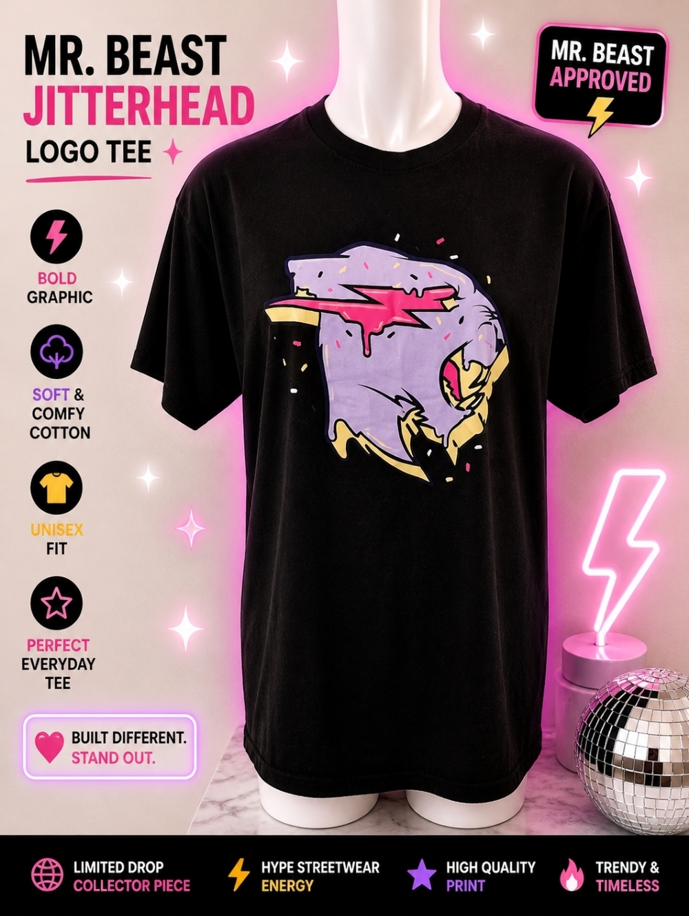 Mr Beast Jitterhead Graphic Tee Black‎ Streetwear YouTuber Merch Shirt Unisex